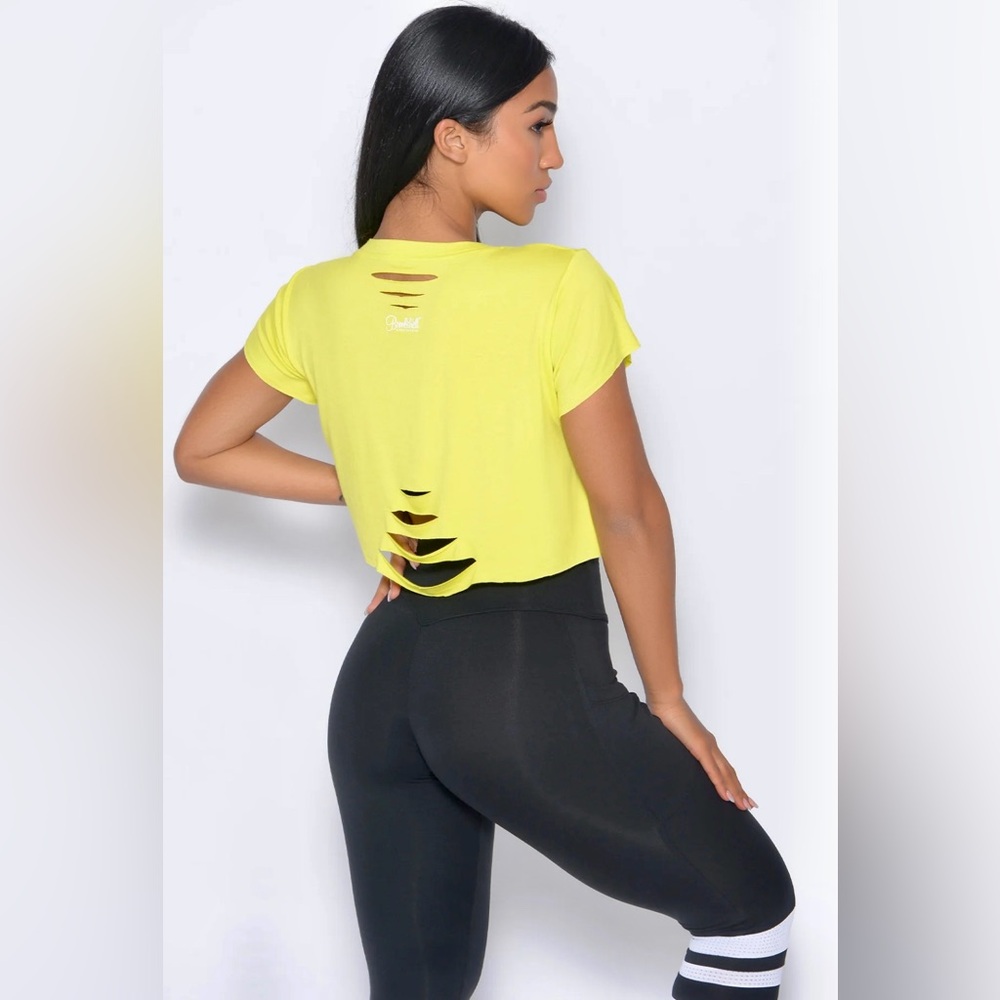 Bombshell Sportswear Neon Yellow Shredded Tee NWT